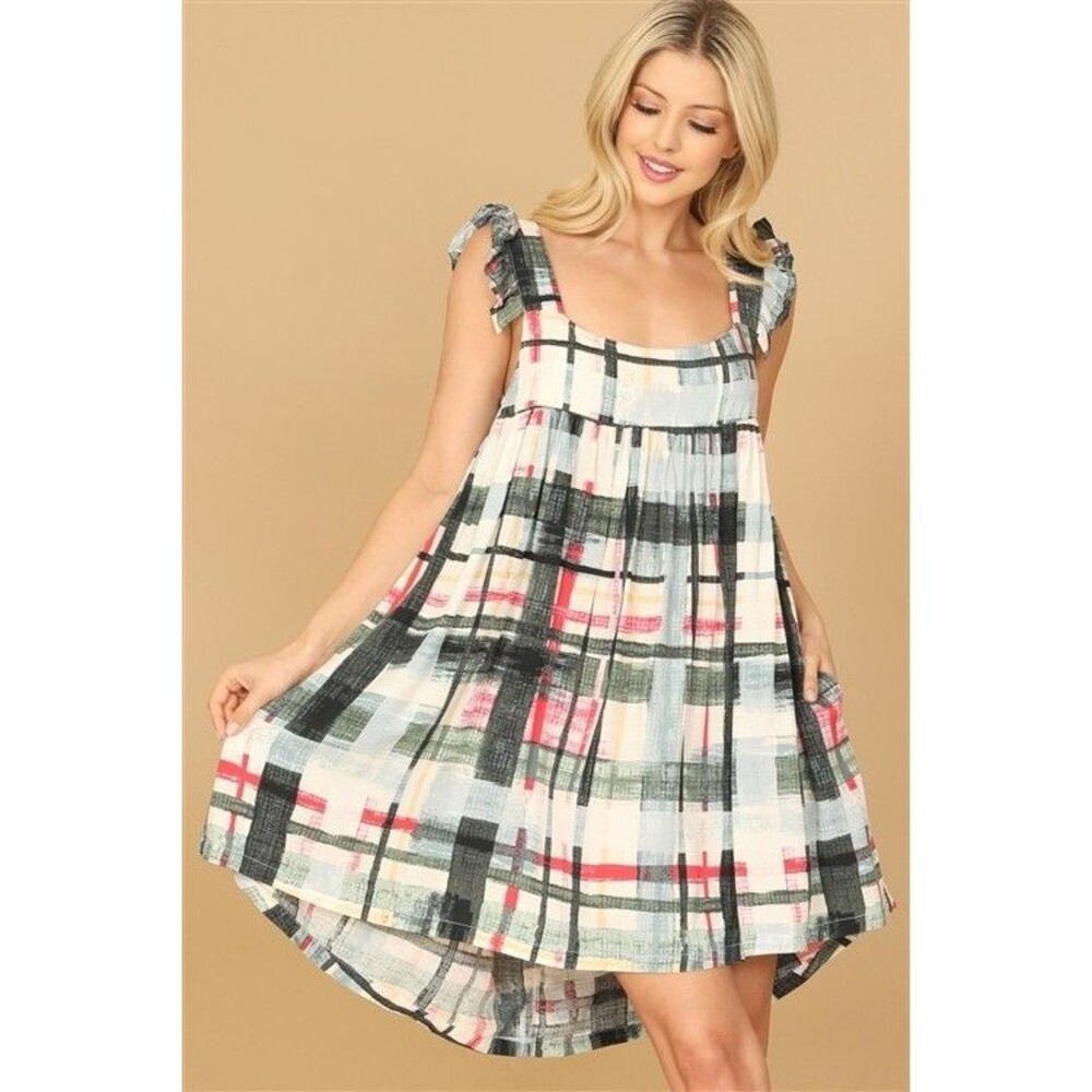 OLIVACEOUS Green Patchwork Plaid Babydoll Pockets Ruffle Straps Hi-Low Dress, S